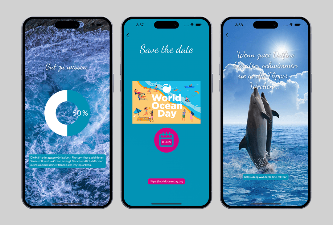 Screenshots der App im Meeres-Stil