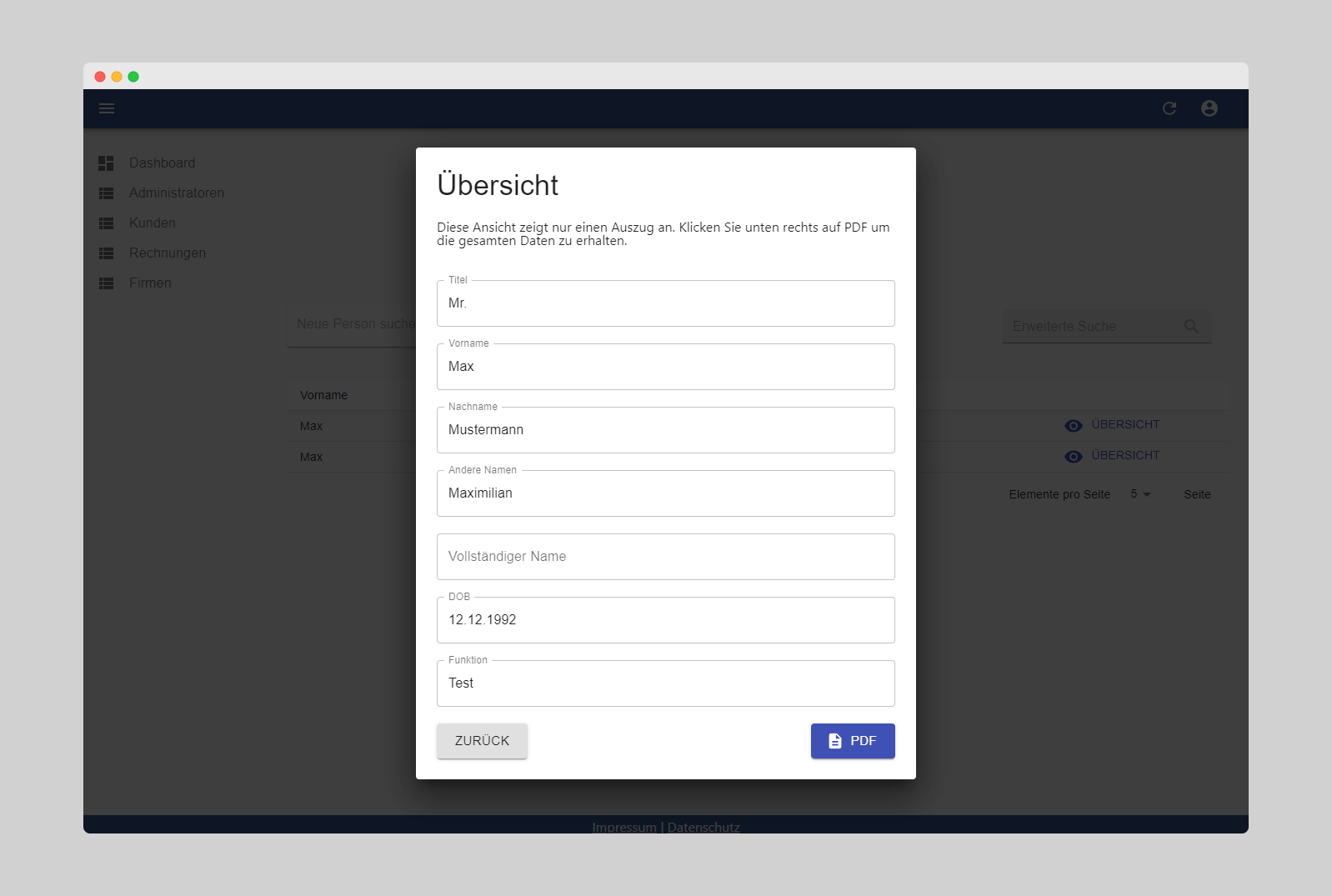 Übersicht im GWG-Portal